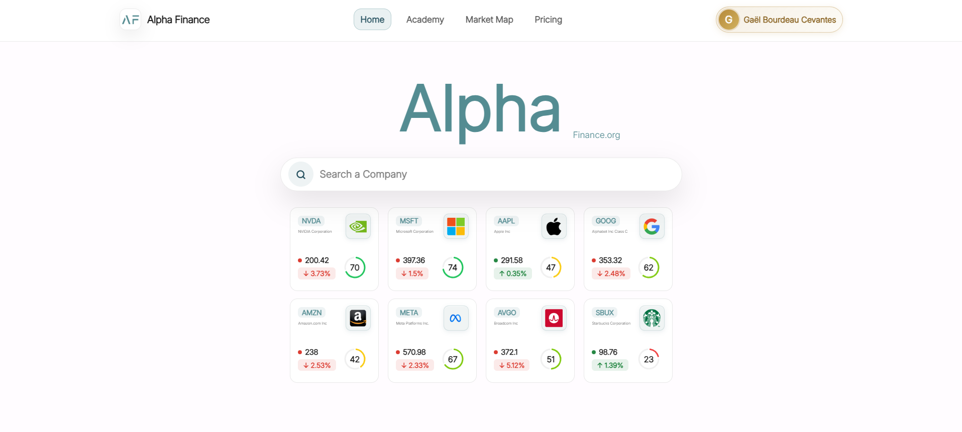 Alpha Finance home — search bar and stock widgets